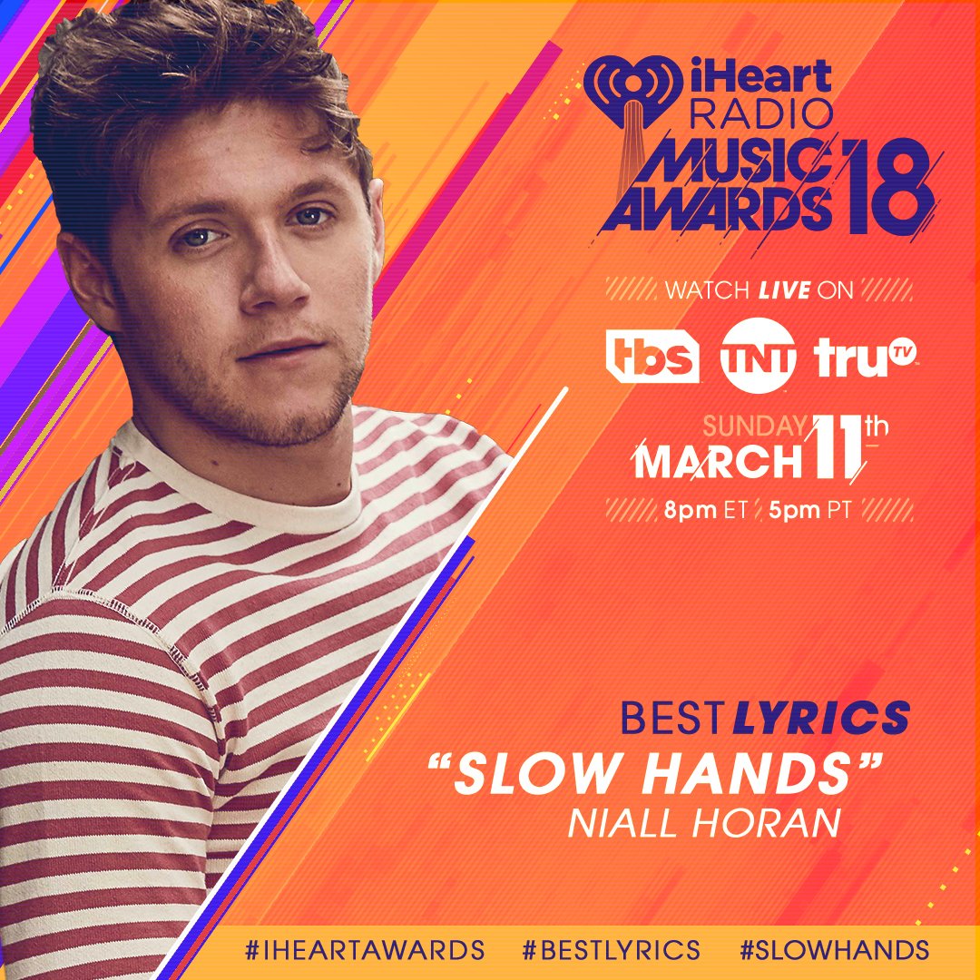 iHeartRadio's tweet photo. RT to vote for @NiallOfficial's #SlowHands for #BestLyrics! ❤️  #iHeartAwards https://t.co/9WIBANMuBo