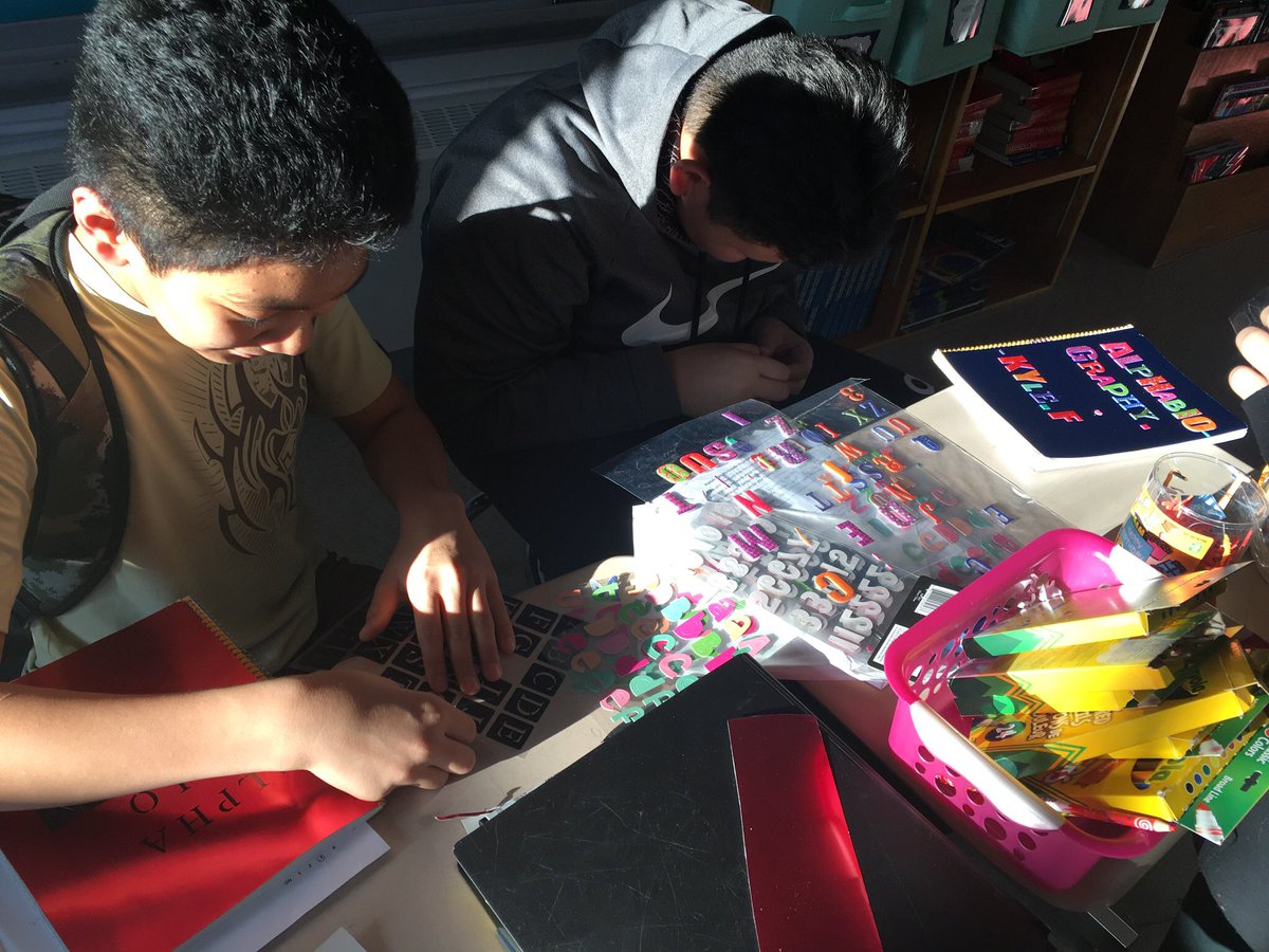 MrsMarnoch's tweet photo. Grade 8s putting the finishing touches on their Alpha-biography assignments. A compilation of writing pieces for every letter of the alphabet! #scrapbooking #creativejuices https://t.co/wRFoAXVkbE