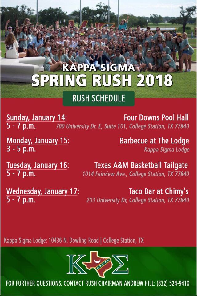 aggiekappasigma's tweet image. Check out our formal spring rush schedule. If you haven’t been contacted, sign up at aggiekappasig.org/rush
