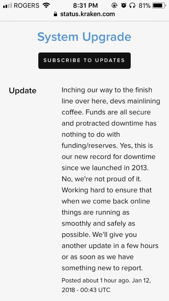 ndhunay's tweet photo. #kraken has been down for many hours and investors, including yours truly, are getting anxious. Probably the most poorly planned and executed upgrade of a system I've ever seen. #crypto #cryptocurrencies #cryptonews #failedupdate #failed https://t.co/l93z8OyNUr