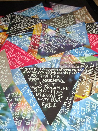mofamband's tweet photo. Look at our fab triangle flyers! #screenprint on reused book pages by @bigboxoftricks for our 9th feb #synthpunk gig @BowBeehive #recycled  #gigflyer https://t.co/zf0LX6OcfH