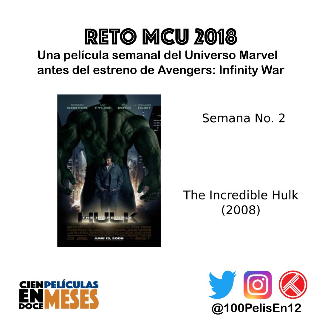 100PelisEn12's tweet photo. Seguimos en el #RetoMCU, una película semanal antes de Avengers: Infinity War. Para la semana No. 2, The Incredible Hulk (2008) https://t.co/barrey1WY0