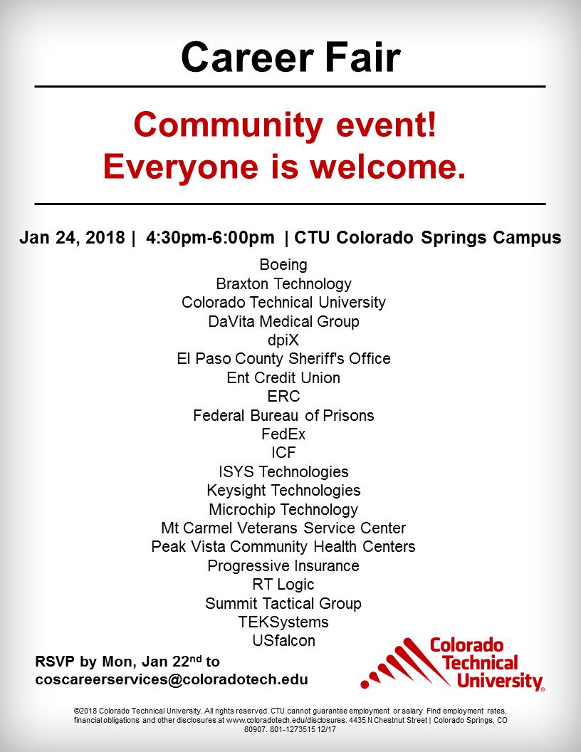 jaymehbrown's tweet photo. Join us! #Career Fair on Wed, Jan 24th 4:30pm-6pm. @ctuniversity #ctucampus #community @SpringsBusiness @BethBraaten719 @Moore22Mercedes @jwalker719 @MarkKSeglem @DiversiKahn @cgorog @Victori65176094 @joshwfry @MarissaBanker https://t.co/ua2Xq8newZ