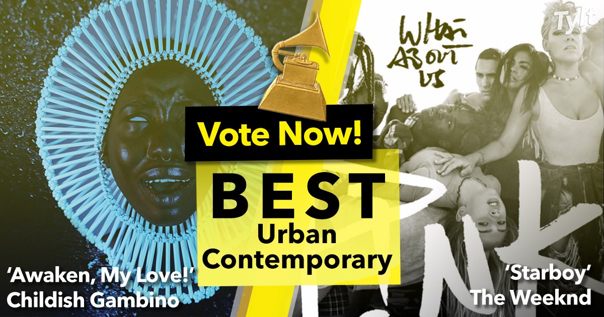 TheTylt's tweet photo. Who should win Best Urban Contemporary Album at the #Grammys: @DonaldGlover's ‘Awaken, My Love’ or @TheWeeknd's ‘Starboy’?
Reply #TeamChildishGambino or #TeamWeeknd to vote https://t.co/pbzhJrgELx https://t.co/WnTTMqZi7m