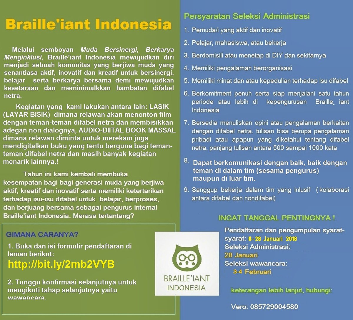 Brailleiant_ID's tweet photo. Pagi sobaaat, yuk sebarkan kesempatan ini ke teman2 atau saudara sobat yg ingin mendapat dan menambah pengalaman seru di dunia komunitas yg inklusi!! 

Catat tanggal pentingnya yaaa! https://t.co/OVrwCYONpr