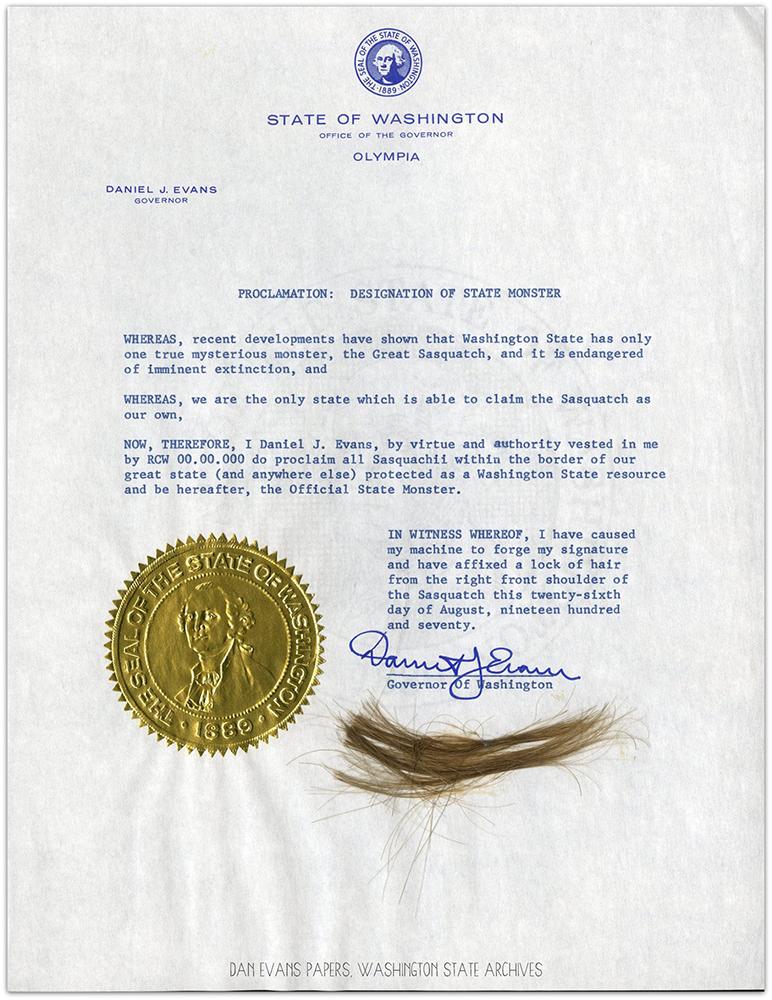 secstatewa's tweet photo. Did you know in 1970, Governor Dan Evans proclaimed the Great Sasquatch as our official state monster? 

Read more about the great monster and all the strange documents in this week's History Friday by WA Archives -> https://t.co/5jhgCUC1Z8 

#FlashbackFriday @WADigitArchives https://t.co/3GwREMvAKj