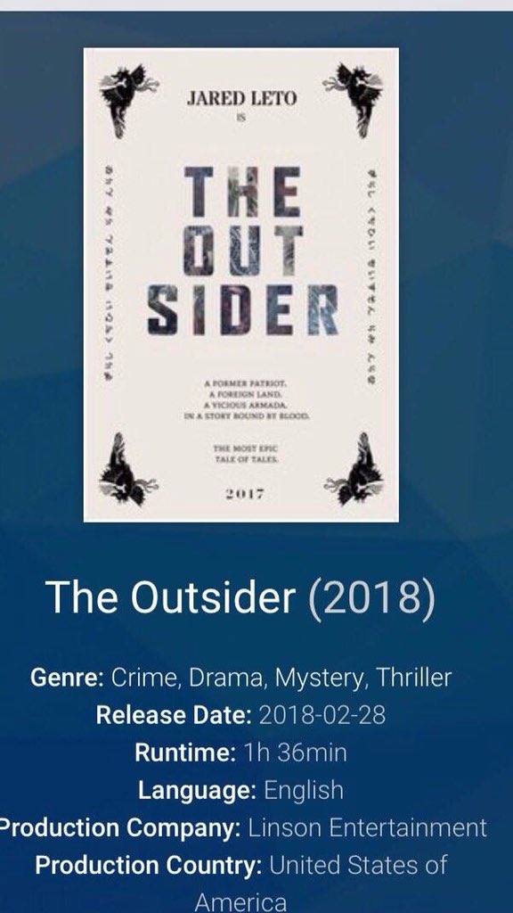 JaredLetoLand's tweet photo. Looking forward to watch that movie! 🎬 #TheOutsider #countdown https://t.co/m0ACzHakoE