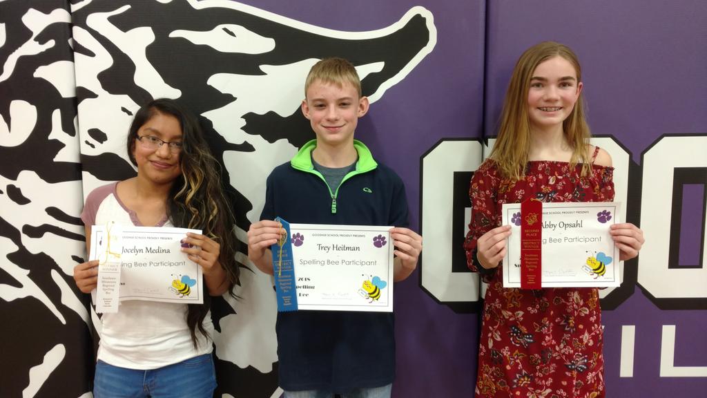 Congrats to Trey Heitman for being Goodhue's District Spelling Bee Champion. Abby Opsahl came in second as Jocelyn Medina finished in third.