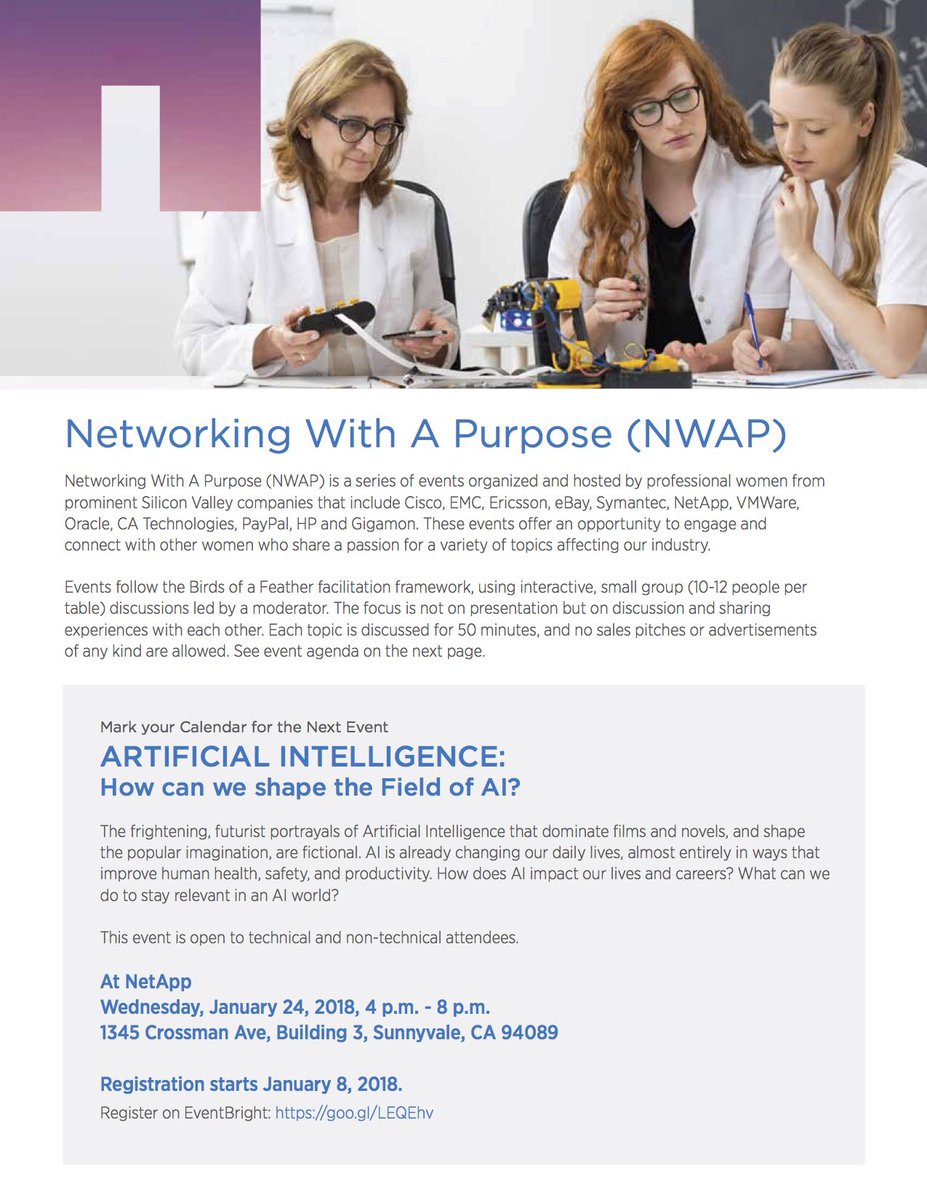 nwap_sv's tweet photo. Join us Jan 24th to join a discussion on “Artificial Intelligence: How can we shape the Field of AI?” with our awesome panelists @RebeccaClyde #botco , @anushka_anand22 #Tableau , YY Lee #FirstRain, Susan Marquez #Intel, @marannelson #claralabs #nwap_sv @NetApp_WIT https://t.co/Fc1565BZuo