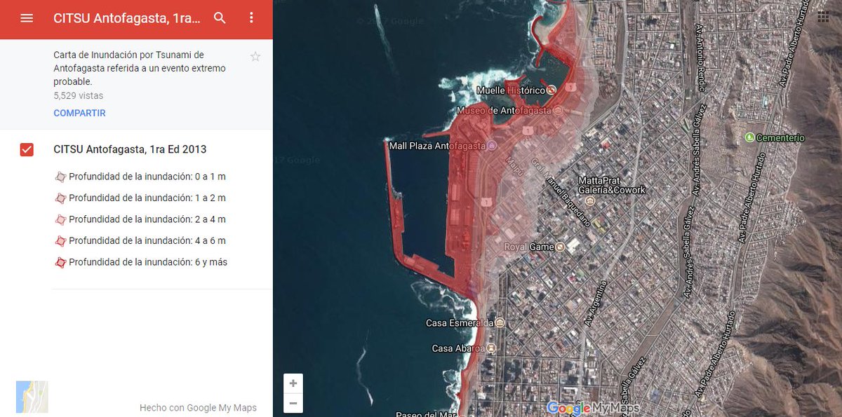 Carta inundación de #Antofagasta visualizada en plataforma Google Maps
👉 bit.ly/2mxwvYC
Proyecto CITSU (Cartas de Inundación por Tsunami) del #SHOA herramienta que permiten definir niveles de inundación máximos esperados para principales zonas del borde costero #Chile
