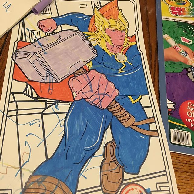 LindsayWestcot1's tweet photo. Yep, Thor’s hammer is purple and he’s sunburned. #colorwondermarkers #coloringwithkids https://t.co/9m4EwUaICS https://t.co/ET3en36vD5