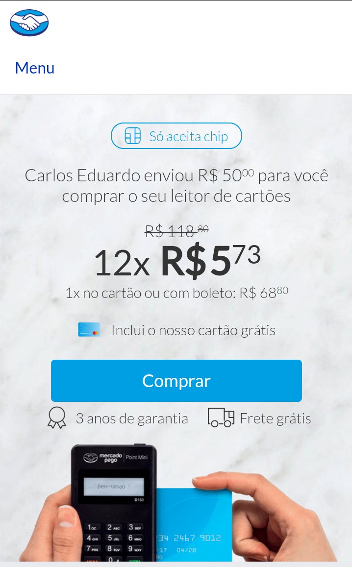 cadubic's tweet photo. Carlos Eduardo enviou R$ 50 para você comprar a sua maquininha de cartões e receber pagamentos com o Mercado Pago Point. Para garantir o seu desconto, acesse agora mesmo: https://t.co/VSFRYCR7uW. https://t.co/tyl5HrLiso