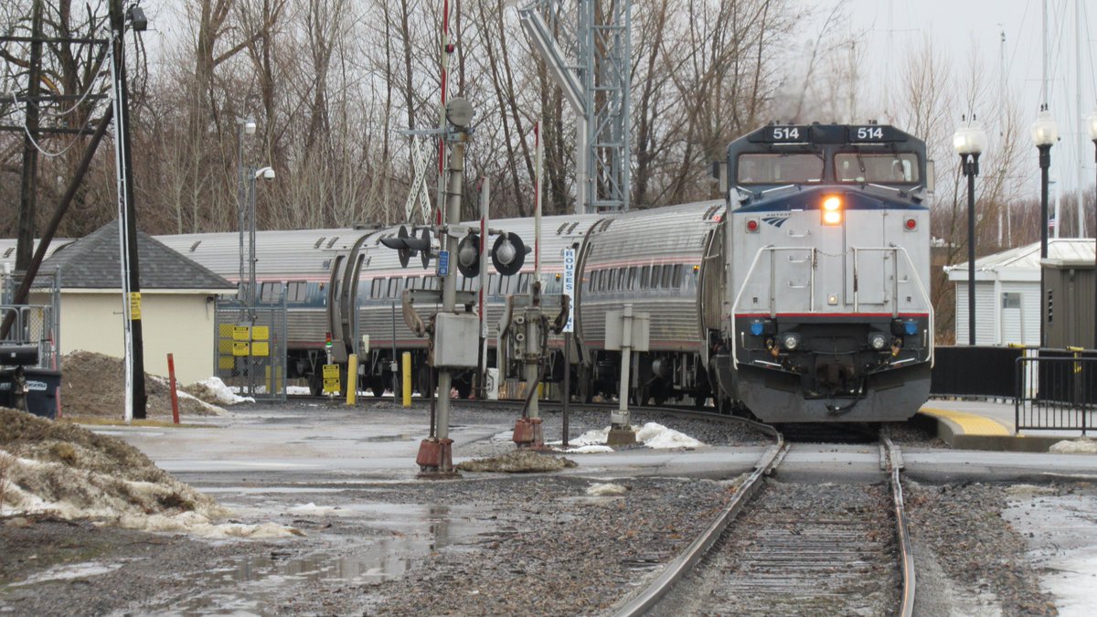 VermontRailfan's tweet photo. @Amtrak Adirondack 68 departing Rouses Point NY With Amtrak 514 leading. #Rare #Amtrak #RousesPoint #NY #GE #Dash8 #railfan #train #JanuaryThaw #railroad @rousespoint #LakeChamplain #Rousespointamtrakstation #rousespointny #GEP328BWH #Railfanning #CanadianPacific #CP #Late68 #GE https://t.co/cefUK0U92D