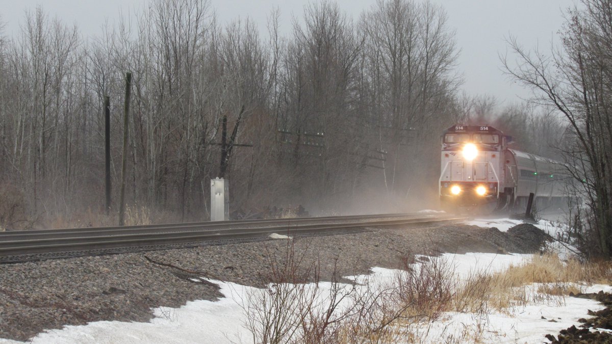 VermontRailfan's tweet photo. @Amtrak Adirondack 68 departing Rouses Point NY With Amtrak 514 leading. #Rare #Amtrak #RousesPoint #NY #GE #Dash8 #railfan #train #JanuaryThaw #railroad @rousespoint #LakeChamplain #Rousespointamtrakstation #rousespointny #GEP328BWH #Railfanning #CanadianPacific #CP #Late68 #GE https://t.co/cefUK0U92D