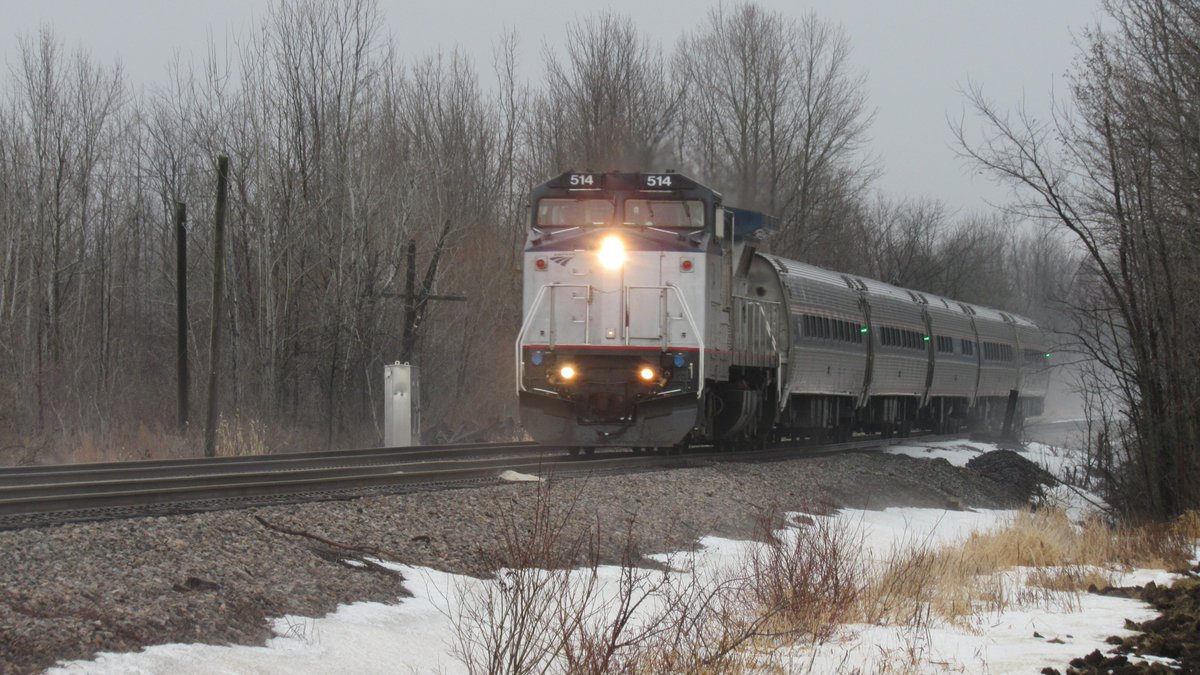 VermontRailfan's tweet photo. @Amtrak Adirondack 68 departing Rouses Point NY With Amtrak 514 leading. #Rare #Amtrak #RousesPoint #NY #GE #Dash8 #railfan #train #JanuaryThaw #railroad @rousespoint #LakeChamplain #Rousespointamtrakstation #rousespointny #GEP328BWH #Railfanning #CanadianPacific #CP #Late68 #GE https://t.co/cefUK0U92D