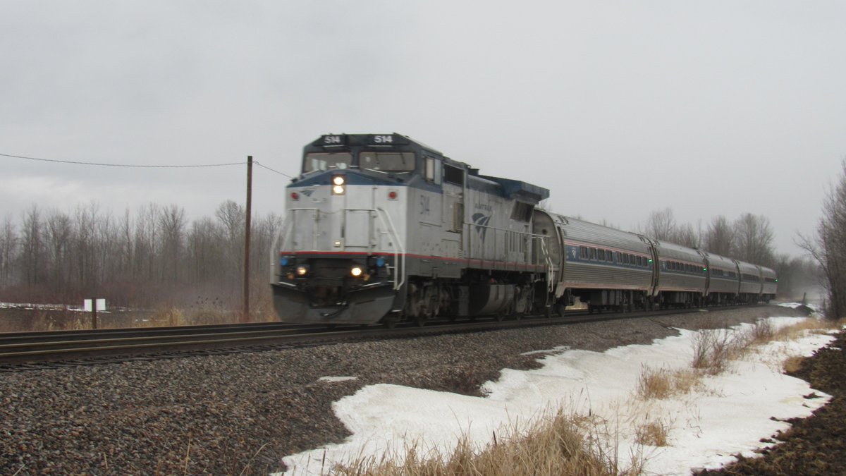 VermontRailfan's tweet photo. @Amtrak Adirondack 68 departing Rouses Point NY With Amtrak 514 leading. #Rare #Amtrak #RousesPoint #NY #GE #Dash8 #railfan #train #JanuaryThaw #railroad @rousespoint #LakeChamplain #Rousespointamtrakstation #rousespointny #GEP328BWH #Railfanning #CanadianPacific #CP #Late68 #GE https://t.co/cefUK0U92D