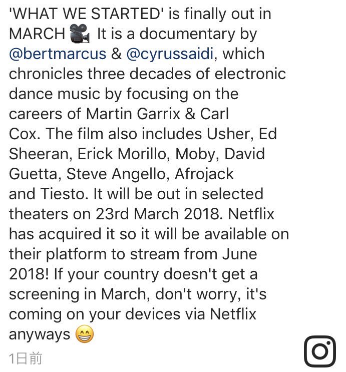 Music_News_Net_'s tweet photo. Martin Garrixのドキュメンタリー映画が3月23日(金)から公開決定！！

タイトルは『What We Started』で、Carl CoxのようなベテランからMartin Garrixのような現在のスターまで登場し、ダンスミュージックの進化と変革にフォーカスしたドキュメンタリーとのなっています！

Netflixで配信予定です！ https://t.co/kwmQB2ttq3