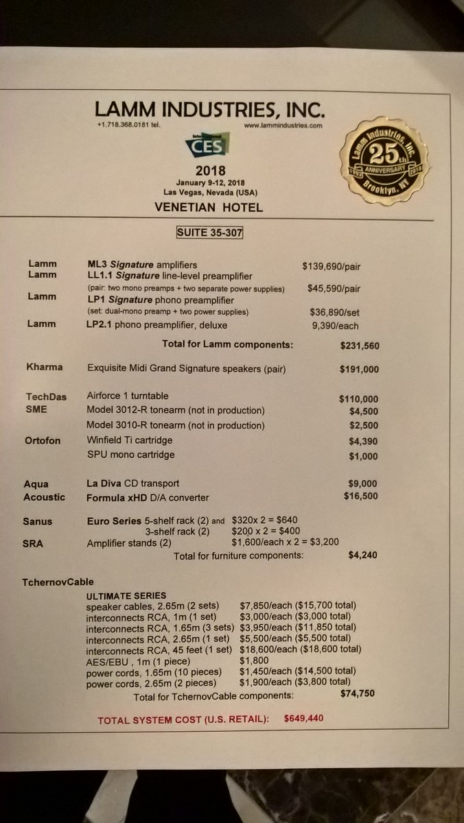 Best sound at #ces2018 once again is #KharmaInternational speakers ($190K/pr) and #lammindustries electronics.  Congrats!