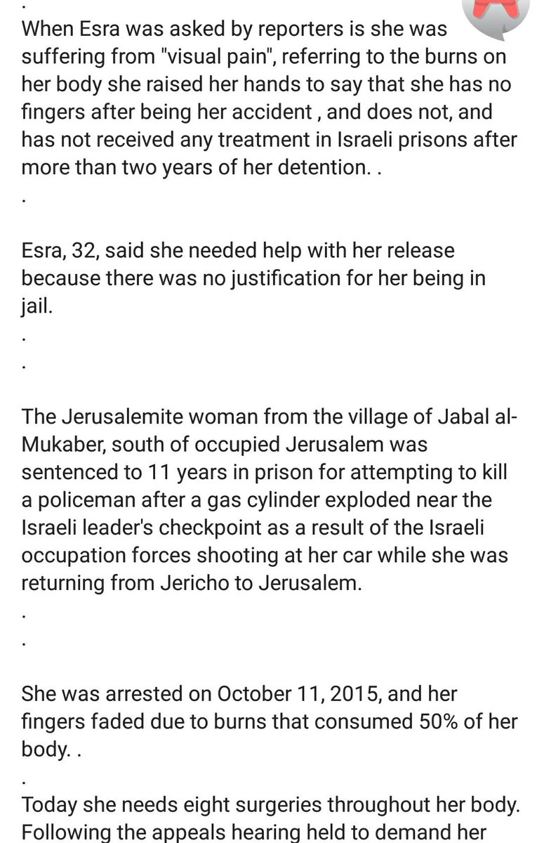 @najminawawi Btw, she was sentenced to prison for 11 years in prison.
Have been in there for more than 2 yrs after being arrested in Oct 11, 2015. - instagram @eye.on.palestine