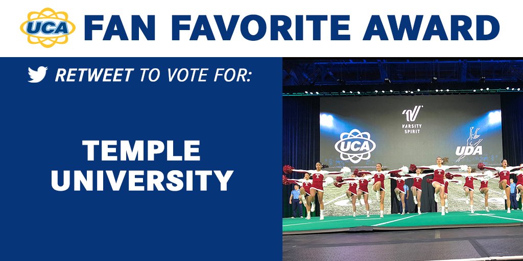 UCAupdates's tweet photo. UCA College Game Day Championship All Girl Fan Favorite:

RT to vote for @TempleCheer #UCAnationals https://t.co/mx5A8TnuJ2