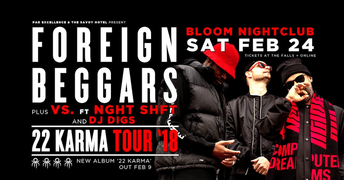 Proud to announce the return of <a href="/ForeignBeggars/">Foreign Beggars</a> to the Kootenays! Their <a href="/shambhala_mf/">Shambhala Music Festival</a> 2013 set was the thing of legends, and they're coming back to play #NelsonBC on Feb 24 ~ facebook.com/events/2026450…