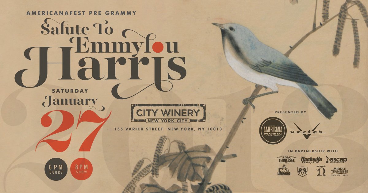 AMERICANAFEST's tweet image. JUST ANNOUNCED: Our Pre-GRAMMY Salute to Emmylou Harris, with performances by Brandi Carlile, Mary Chapin Carpenter, Brent Cobb, Rodney Crowell, Steve Earle, Valerie June, Jack Ingram, The Secret Sisters &amp;amp; more. Jan 27 at City Winery NYC. 

Ticket info: bit.ly/2mxhpSS