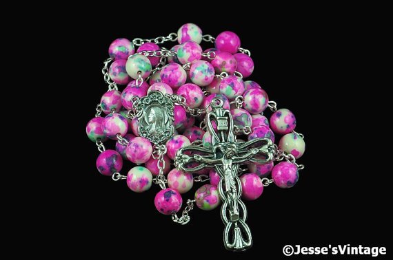 Catholic Rosary Beads Pink White Blue Green Rain Flower Stone Silver Traditional 5 Decade etsy.me/2y1WdYv #a4team
