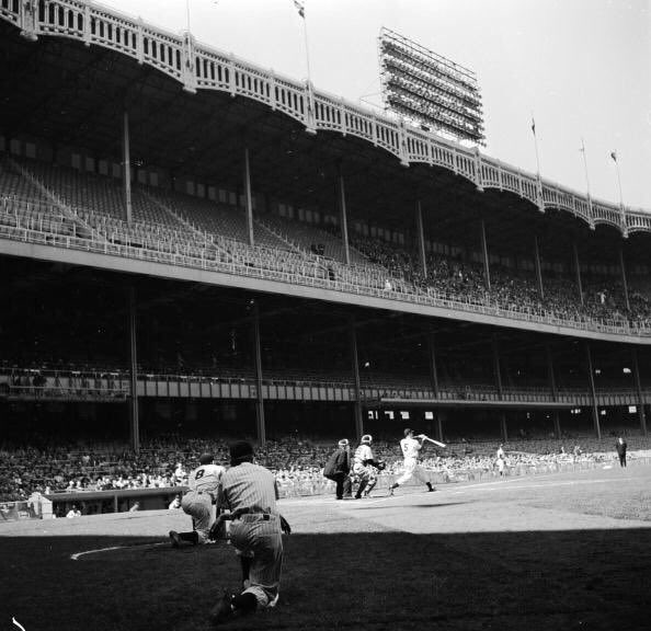Yankees Joe DiMaggio at bat as Yogi Berra waits on deck during a late 40's game at Yankee Stadium.#mlb #Yankees #nyc #1940s