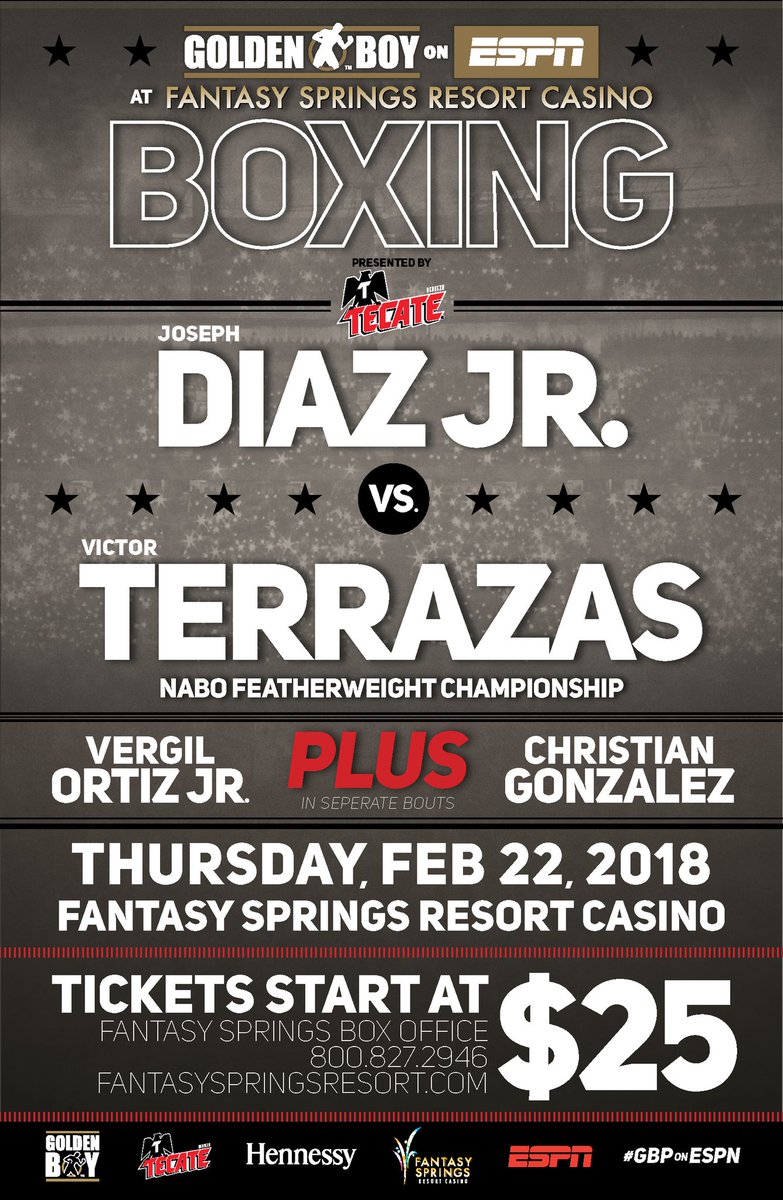 GoldenBoyBoxing's tweet photo. #ICYMI @JosephDiazJr will defend his NABO featherweight title against former world champion Victor Terrazas Feb 22 @fantasysprings. Plus @vergilortiz in the co-main event. Tickets on sale now! https://t.co/jAuJWRvo0P https://t.co/jm0lfocSM9