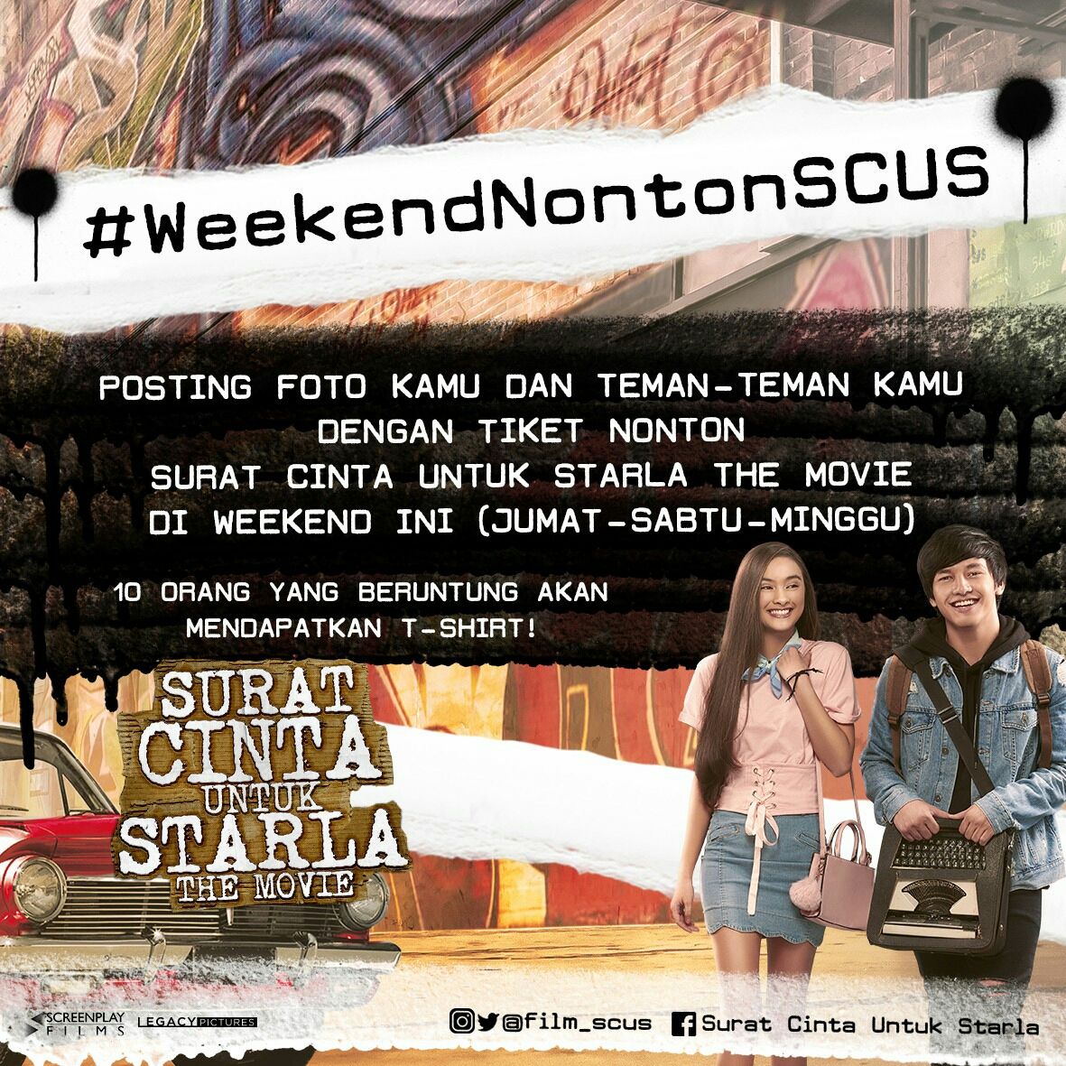 Dapatkan 10 T-Shirt <a href="/film_scus/">SuratCintaUtkStarla</a> Caranya: posting ke Instagram Foto bareng sama temen-temen kamu pas nonton <a href="/film_scus/">SuratCintaUtkStarla</a> hari ini &amp; foto tiketnya dengab jelas. Tag Instagram <a href="/film_scus/">SuratCintaUtkStarla</a> dan pakai hastag #WeekendNontonSCUS . 
. 
#SuratCintaUntukStarlaTheMovie