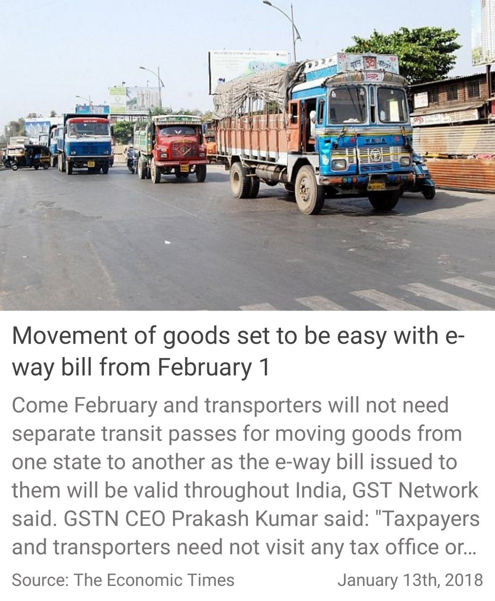 iOnkarPandey's tweet image. This will further reduce delays and improve productivity. #GSTBoostForBiz
Movement of goods set to be easy with e-way bill from February 1
economictimes.indiatimes.com/news/economy/p…