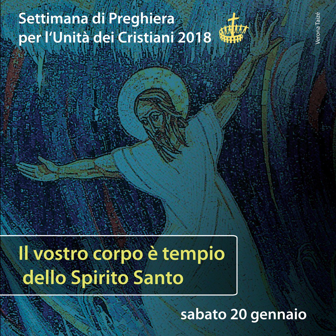 VeronaTaize's tweet photo. Settimana di preghiera per l‘unità dei cristiani 2018 📆🙏🔁✝️
Potente è la tua mano, Signore (Es 15,1-21)
sabato 20 gennaio 2018
3⃣° giorno: Il vostro corpo è tempio dello Spirito Santo
➡ A Verona ore 20.30: CHIESA DI S.DOMENICO (Via del Pontiere,30) Preghiera in stile Taizé https://t.co/kBr7c1pn8Y
