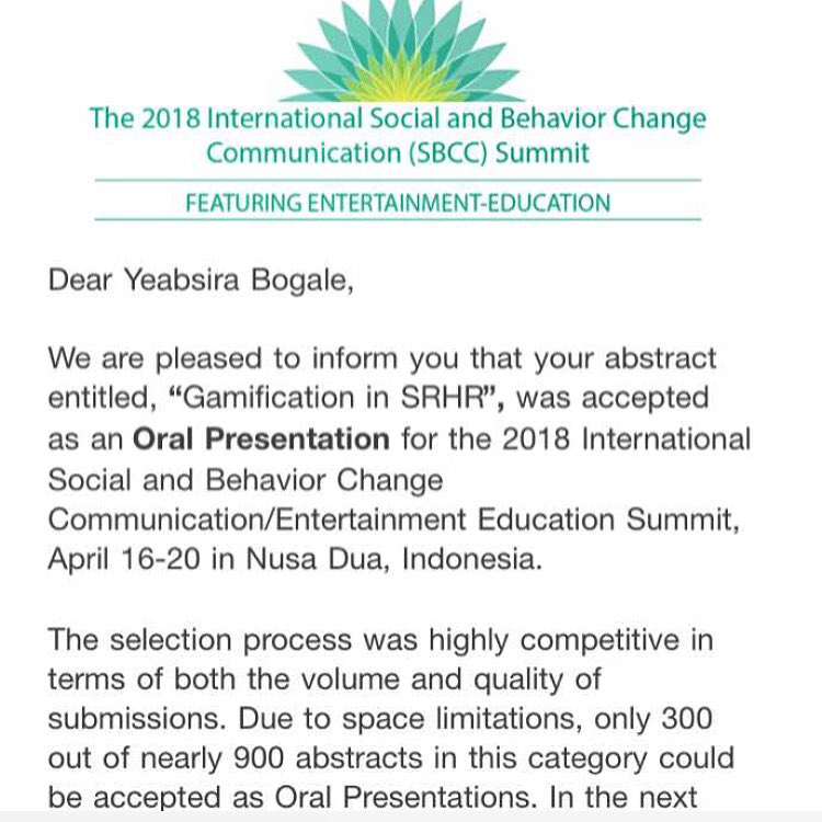 luvwstlyf's tweet photo. Very happy that my abstract for my @Youth_Champions research project #Gamification in #SRHR's (@GameOnSRHR) has been accepted for the 2018 #sbccsummit! #ff @JohnsHopkinsCCP @Youth_Champions @riseup_together @FP2020Global #GamifyIt #Ethiopia https://t.co/wwNLctbmTX