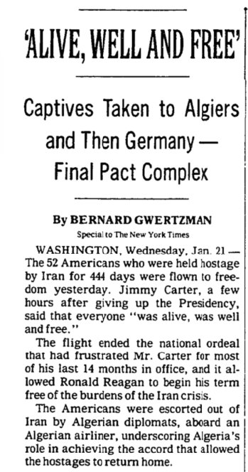 NYTArchives's tweet photo. The 52 Americans held hostage for 444 days in Iran were finally freed, on this day in 1981. https://t.co/SV36pMb9Mb https://t.co/58sPLMASeJ