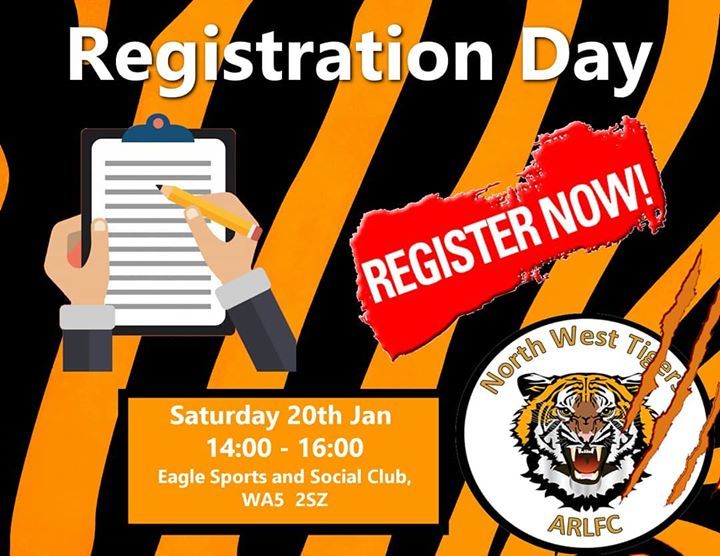 Tigers are holding a registration day today 14:00-16:00 at Eagle Sports. Come down and register, join our Tigers Family. #JoinTheTigers #TigersFamily