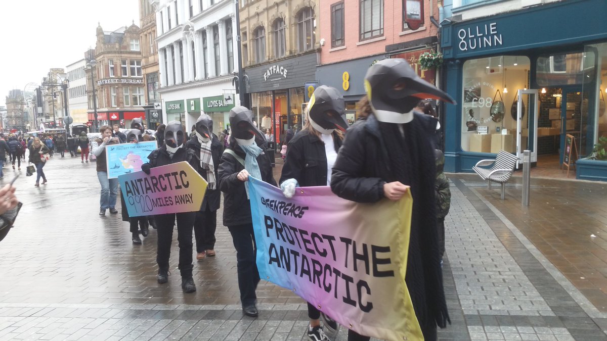 GreenpeaceLeeds's tweet photo. Penguins marching on Briggate #ProtectAntarctic https://t.co/9ihFX9SI57