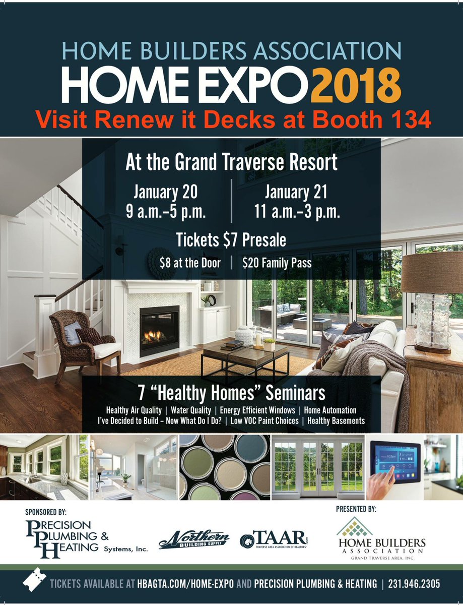 Renewit_Group's tweet photo. @Renewit_Group will be at the @HbagtaMail Home Expo 2018 at @GTResort, this weekend January 20-21, Please stop by and visit us at BOOTH 134 #renewitgroup #gtresort #hbagta #homeshow #expo2018 #booth134 #deck #decks #northernmichigan #puremichigan https://t.co/rttlflHzZv