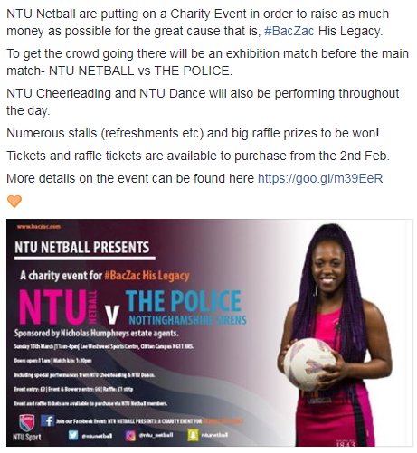 BacZac20's tweet photo. NTU Netball are putting on a Charity Event in order to raise as much money as possible for the great cause that is, #BacZac His Legacy. More Details available here https://t.co/jvlJlbg0Jf https://t.co/PEXIl2jxko