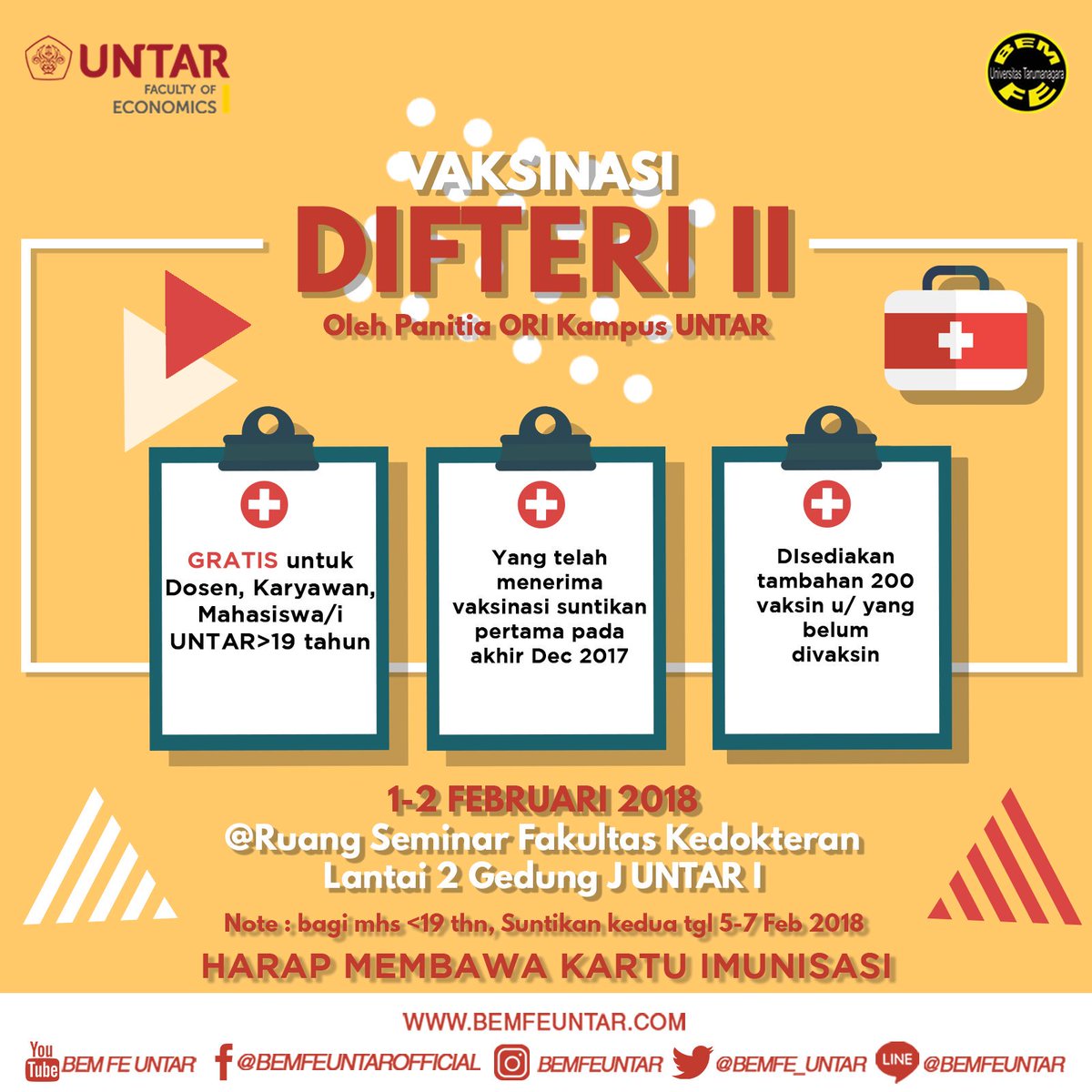 Kepada civitas akademika yang telah menerima vaksinasi suntikan pertama pada akhir Des 2017.  Suntikan kedua untuk yg berusia >19 thn akan dilaksanakan pada hari kamis dan jumat, tgl 1&amp;2 Feb 2018, jam 08.00 - 13.00 di r. seminar FK Untar. Gd J lt 2.

#BEMFEUNTAR #FEUNTAR #UNTAR