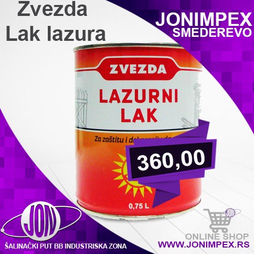 jonimpex's tweet image. #jonimpex Zvezda Lak lazura
Posetite naš online shop🛒 na jonimpex.rs
360,00 RSD
jonimpex.rs/shop/farbarski…
Zvezda-Helios Lak lazura prvenstveno je namenjen kompletnoj zaštiti i dekoraciji drvene stolarije (vrata, prozori, grede) izrađene od masivnog drveta.