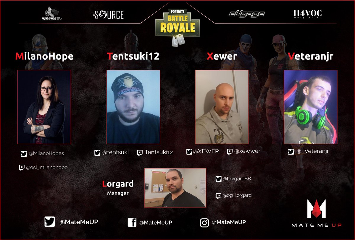 MateMeUp's tweet photo. 👋 NOUVELLE SQUAD ! 

Nous serons présent à la @LyoneSport avec notre nouvelle équipe @FortniteGame ! 

🏅 Bienvenue à @MilanoHope - @Tentsuki12 - @XEWER - @_veteranjr accompagnés de @LorgardSB en Manager ! 

STAY TUNED .. Petite annonce dans la soirée ... https://t.co/mcP7ybwqV3
