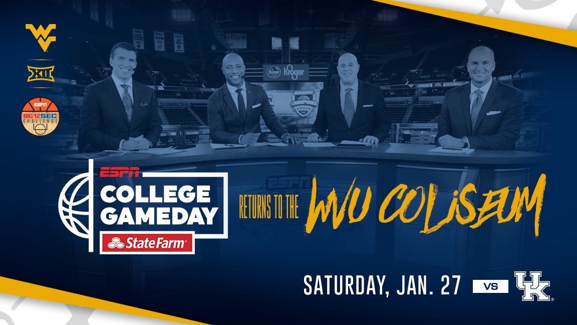 WVUhoops's tweet photo. ESPN's College GameDay Covered by State Farm is headed back to Morgantown next Saturday!

https://t.co/I7XIskyBm4 https://t.co/Os435k9cX4