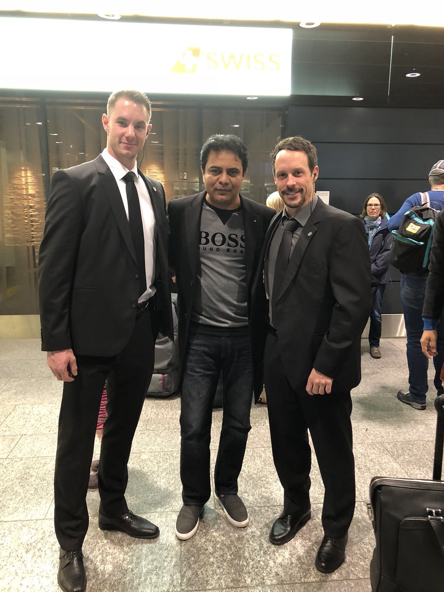 KTRBRS's tweet photo. Landed in Zurich to a welcome from fellow Telanganites. But to my surprise also greeted by two strong Swiss policemen for my security!!! Thanks to the local Govt &amp; Indian embassy https://t.co/UKW6xBIDca