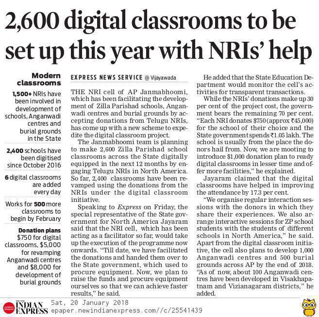 APJanmabhoomi's tweet photo. 2600 digital classrooms, 1000 Anganwadi centres and 500 burial grounds are aimed to be established by the end of 2018 through the active support of NRIs and the guidance of Shri @jayaramkomati @naralokesh @NewIndianXpress @ncbn
https://t.co/awp1CLIact https://t.co/3sj7yNJW6H