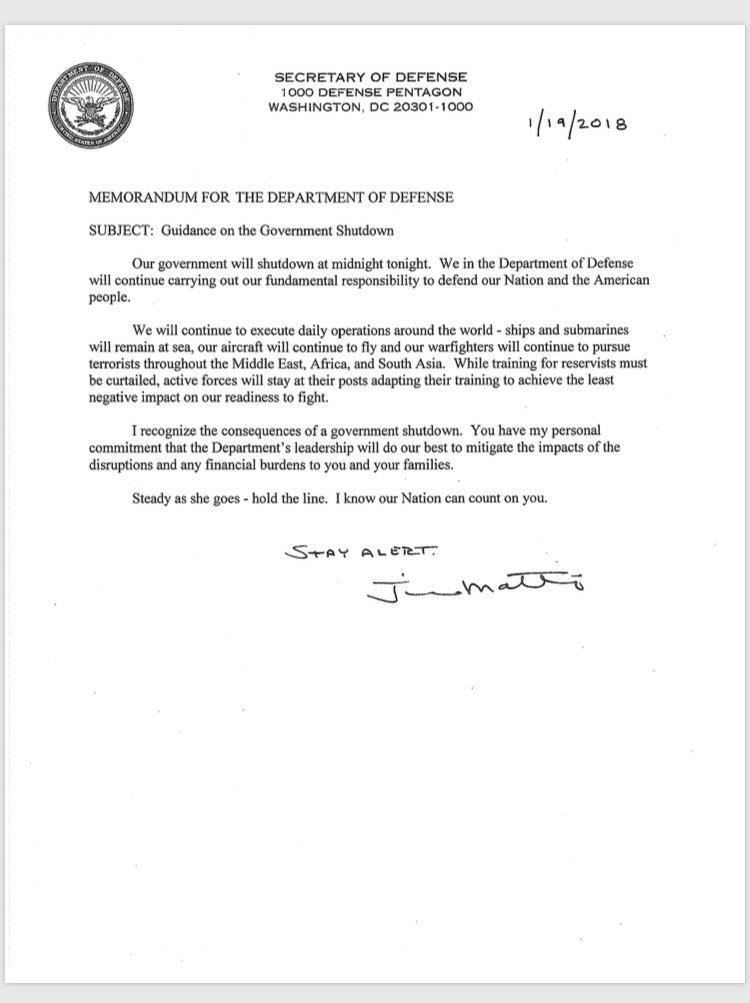 connorobrienNH's tweet image. Mattis tells troops to “hold the line” in a memo issued just before the government shutdown. All active duty troops and civilians performing critical jobs are working without pay unless Congress acts.
