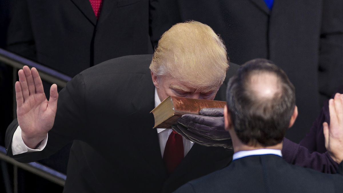 ClickHole's tweet photo. A Historic Milestone: Donald Trump Just Became The First President To Place His Entire Face On The Bible During The Oath Of Office https://t.co/TdxSEPBj70 #ClickClassic https://t.co/HWuHkLOQIp