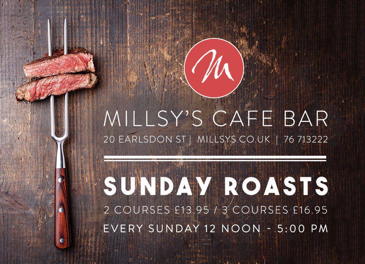 Sunday Roasts at Millsy's
2 courses - £15pp / 3 courses - £18pp
millsys.co.uk/menu/sunday-lu…

02476 713222
enquiries@millsys.co.uk
20 Earlsdon Street, CV5 6EG