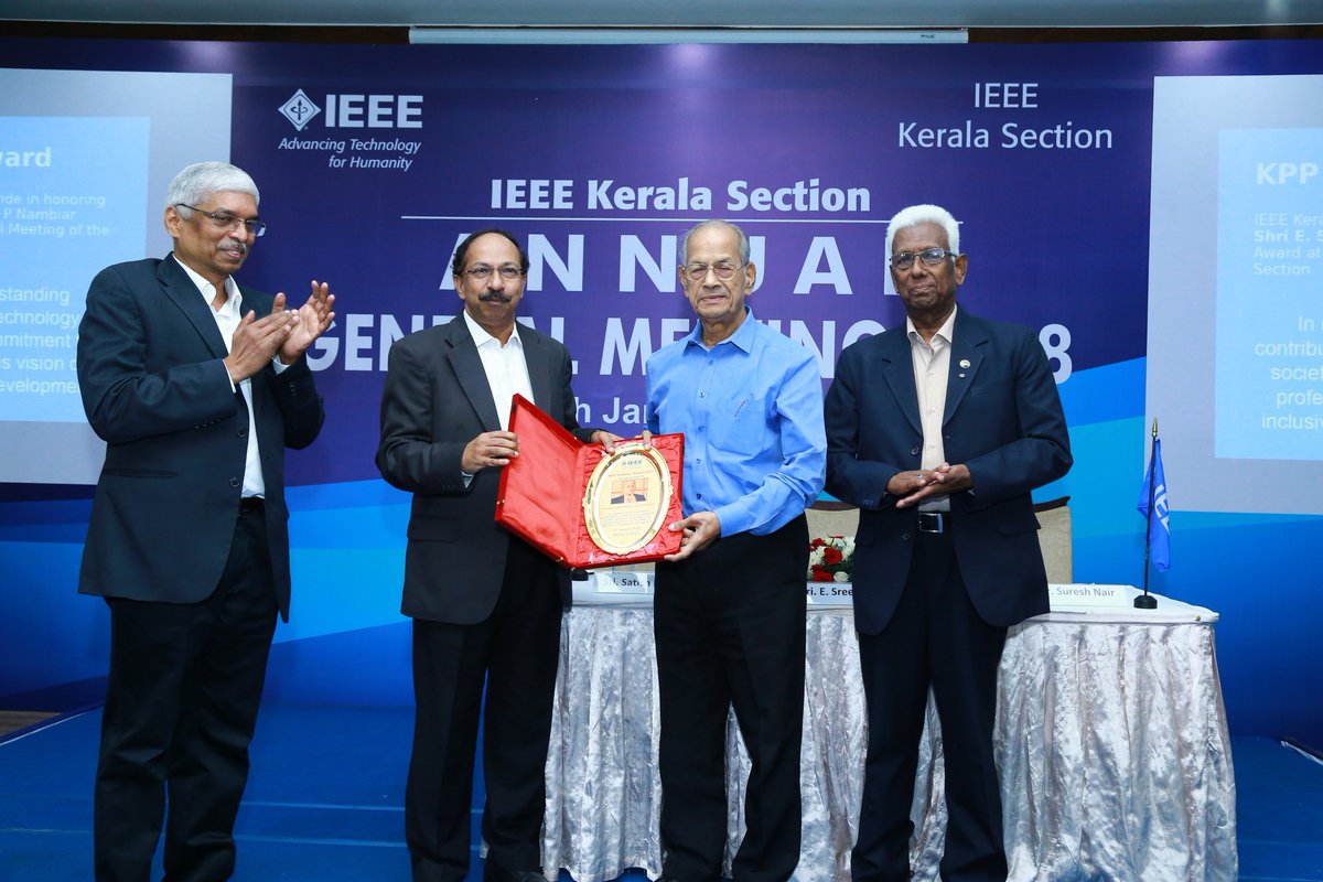 IEEEKerala's tweet photo. IEEE Kerala Section honors the Metroman of India, 'Padma Vibhushan Shri E. Sreedharan' with KPP Nambiar Award. 
#IEEE #IEEEKeralaSection #AGM #AwardCeremony https://t.co/MKYrlvulPr