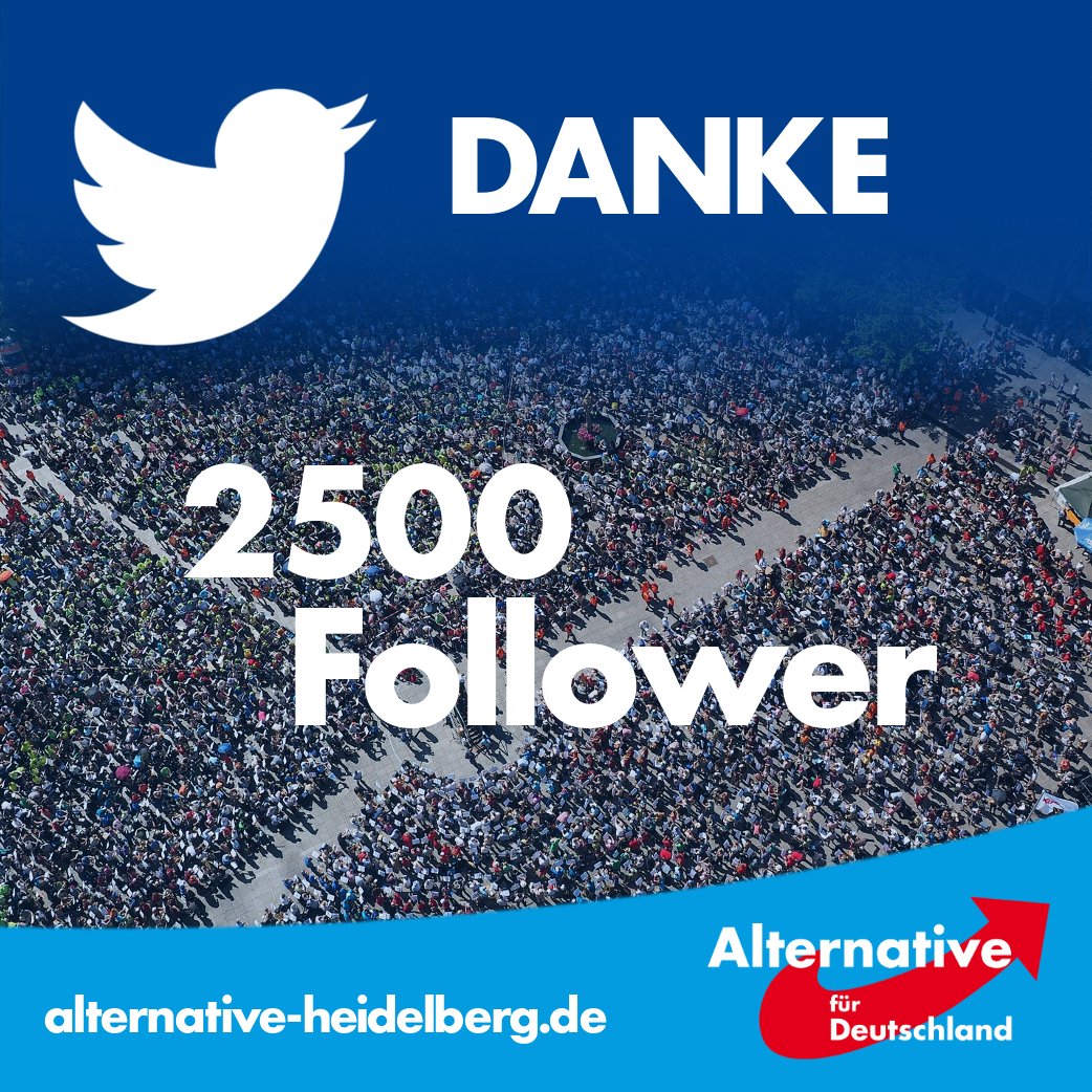 AfD_HD's tweet photo. 2500 Follower! Vielen Dank an alle Wähler, Mitglieder, politisch Interessierte und auch an die Gerneempörten, die hier mitlesen und sich politisch bei uns informieren. Auf die nächsten 2500. Wir freuen uns. #AfD #Heidelberg #AfDwirkt 🎉🎉🎊🎉🎊💙💙💙🇩🇪🇩🇪🇩🇪 https://t.co/KlZfdu3fJP