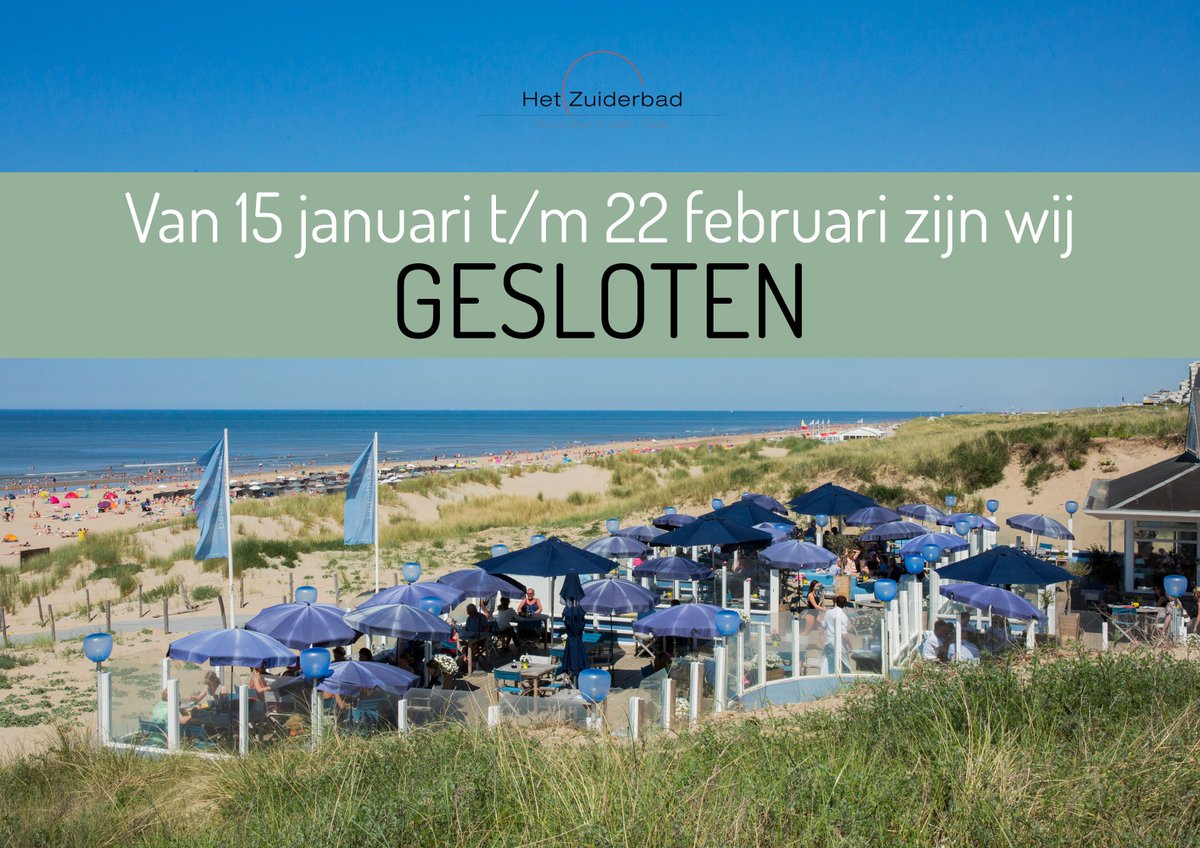 Van 15 januari tot en met 22 februari 2018 is <a href="/HetZuiderbad/">Zuiderbad</a>
GESLOTEN. We nemen de tijd om de Stube af te breken en onze terrassen, speeltuin en outdoor loungehoeken 
weer lenteproof te maken.

Vrijdag 23 februari hopen wij u weer te mogen ontvangen!

Het Zuiderbad Team